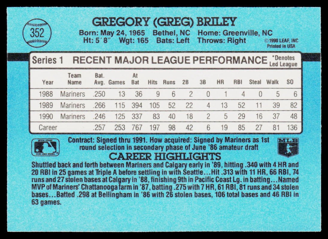 Greg Briley 1991 Donruss #352b Seattle Mariners