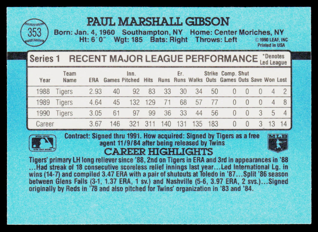 Paul Gibson 1991 Donruss #353b Detroit Tigers