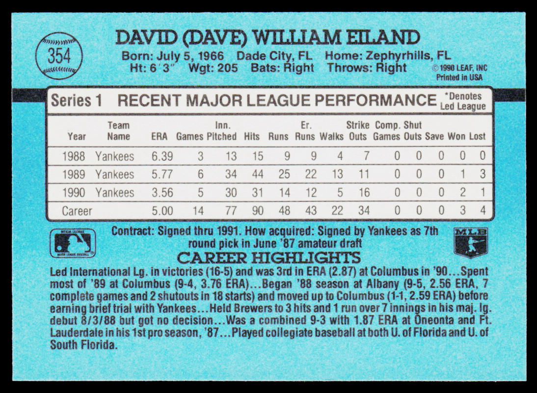 Dave Eiland 1991 Donruss #354 New York Yankees