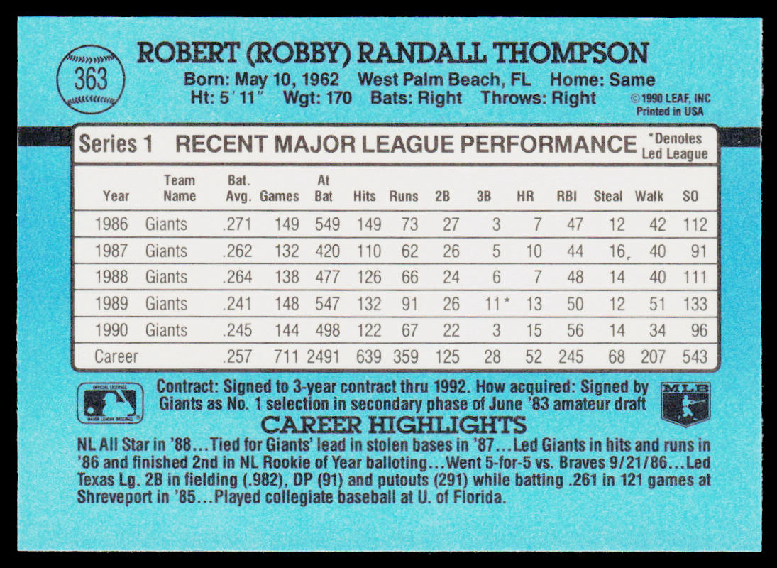Robby Thompson 1991 Donruss #363c San Francisco Giants