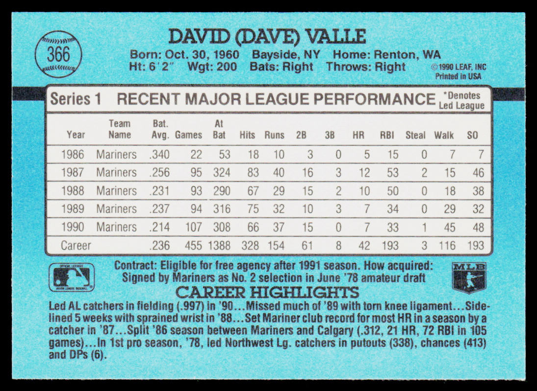 Dave Valle 1991 Donruss #366 Seattle Mariners