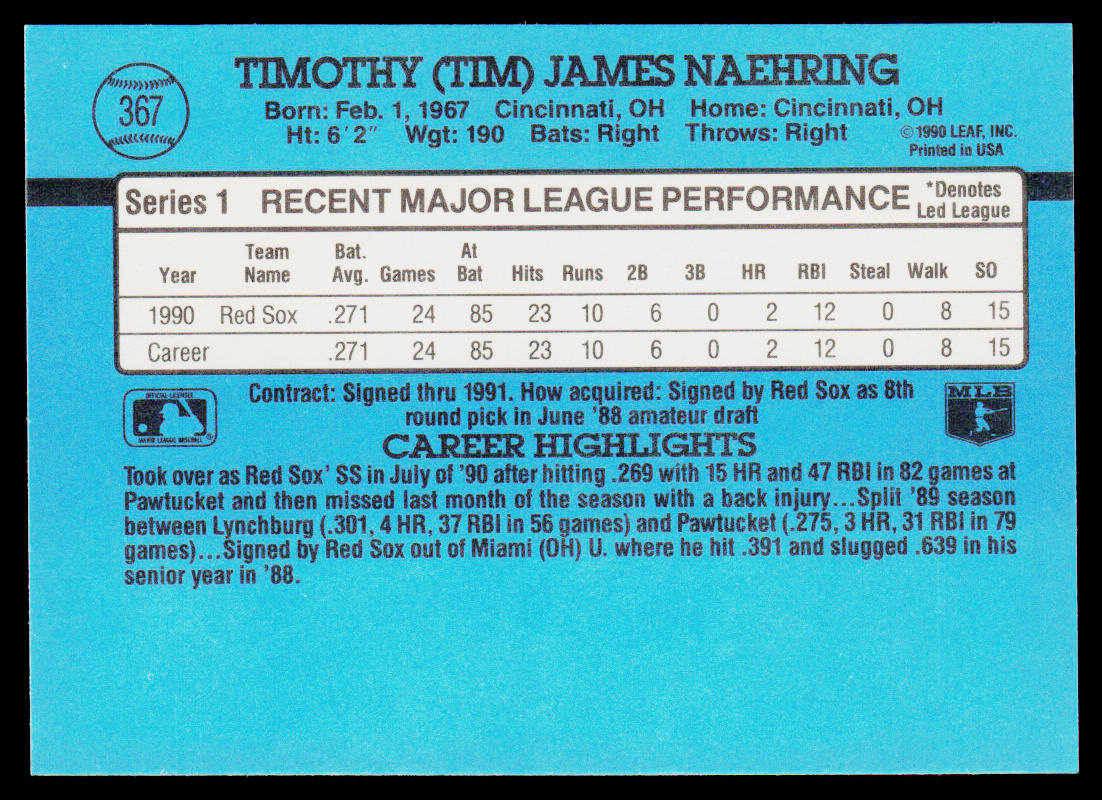 Tim Naehring 1991 Donruss #367c Boston Red Sox