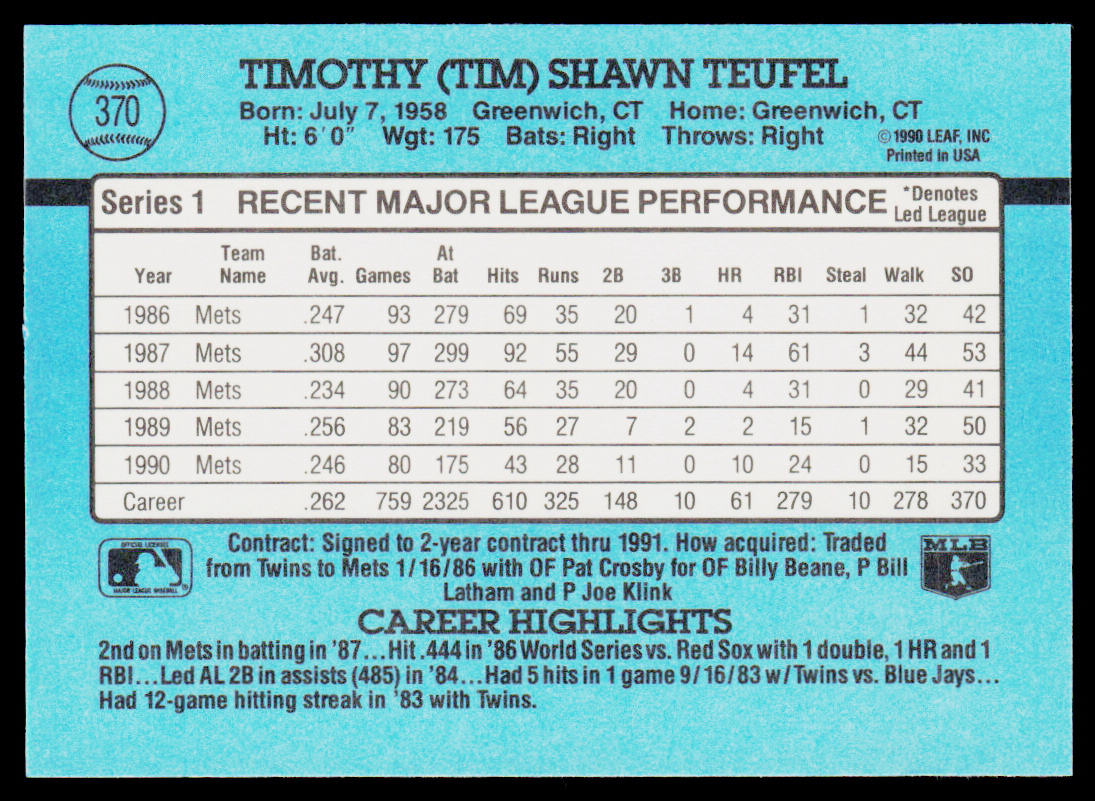 Tim Teufel 1991 Donruss #370 New York Mets