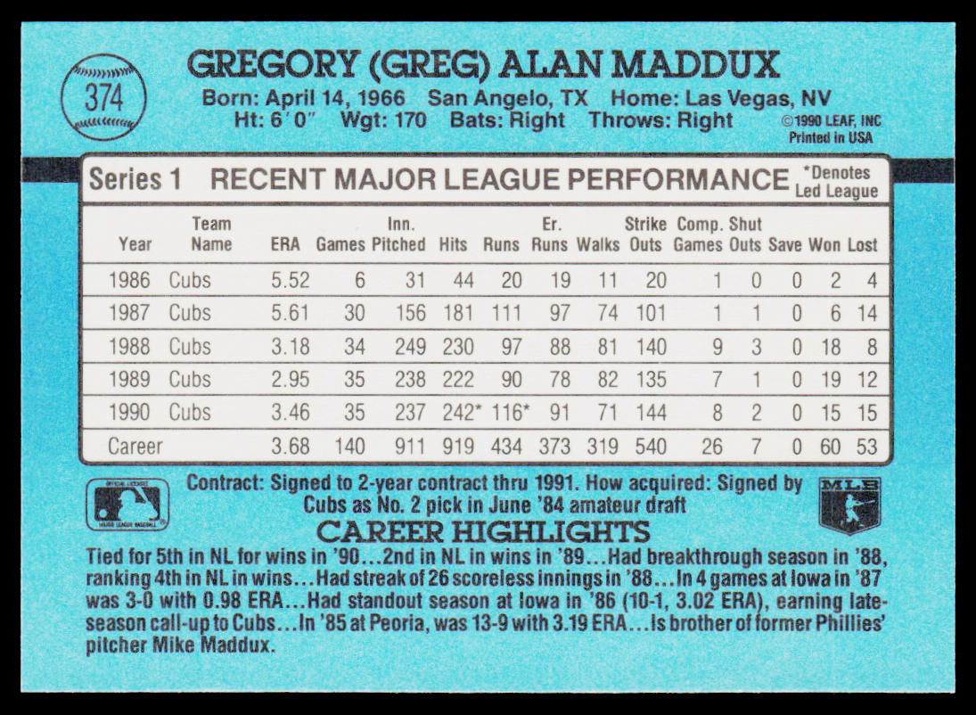 Greg Maddux 1991 Donruss #374 Chicago Cubs