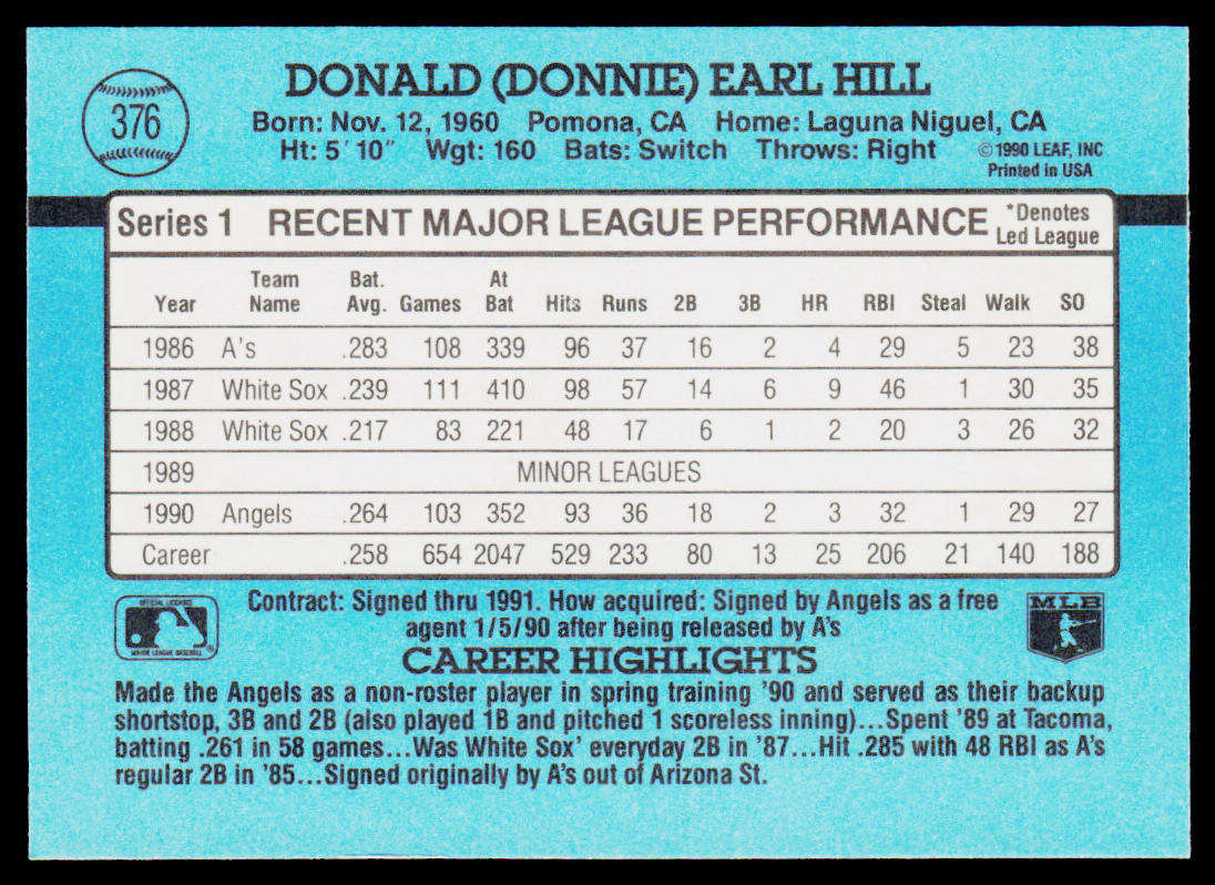 Donnie Hill 1991 Donruss #376 California Angels