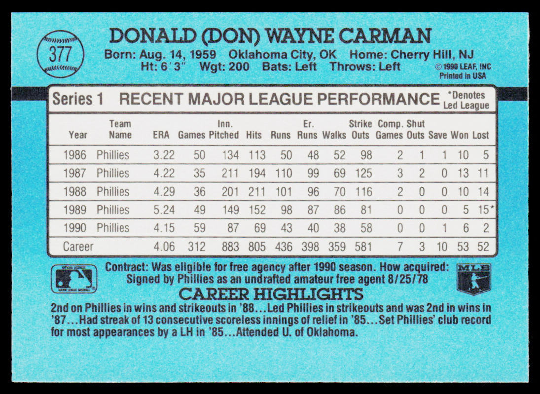 Don Carman 1991 Donruss #377b Philadelphia Phillies