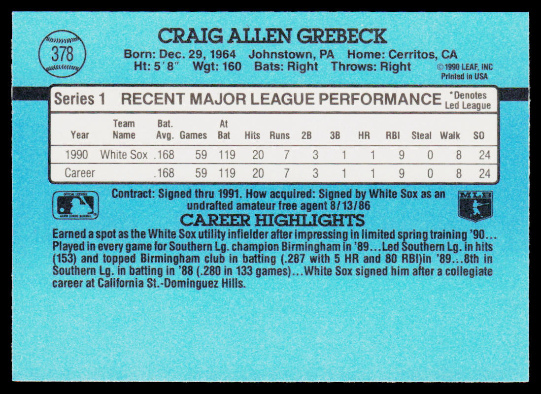 Craig Grebeck 1991 Donruss #378 Chicago White Sox