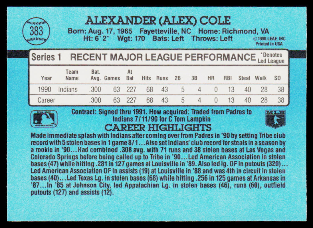 Alex Cole 1991 Donruss #383 Cleveland Indians