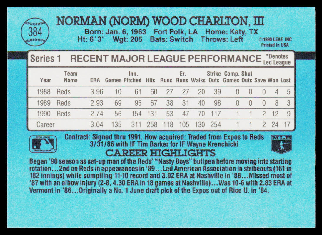 Norm Charlton 1991 Donruss #384 Cincinnati Reds