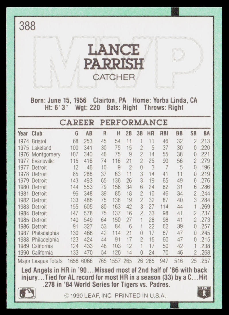 Lance Parrish 1991 Donruss #388c California Angels