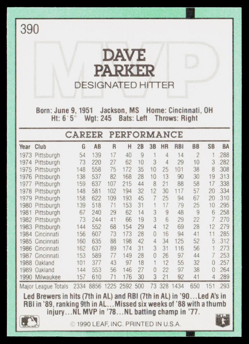 Dave Parker 1991 Donruss #390 Milwaukee Brewers