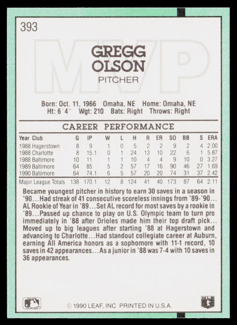 Gregg Olson 1991 Donruss #393b Baltimore Orioles
