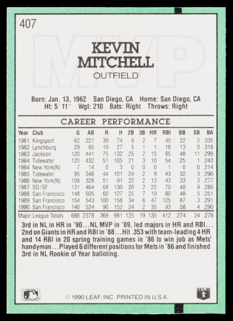 Kevin Mitchell 1991 Donruss #407 San Francisco Giants