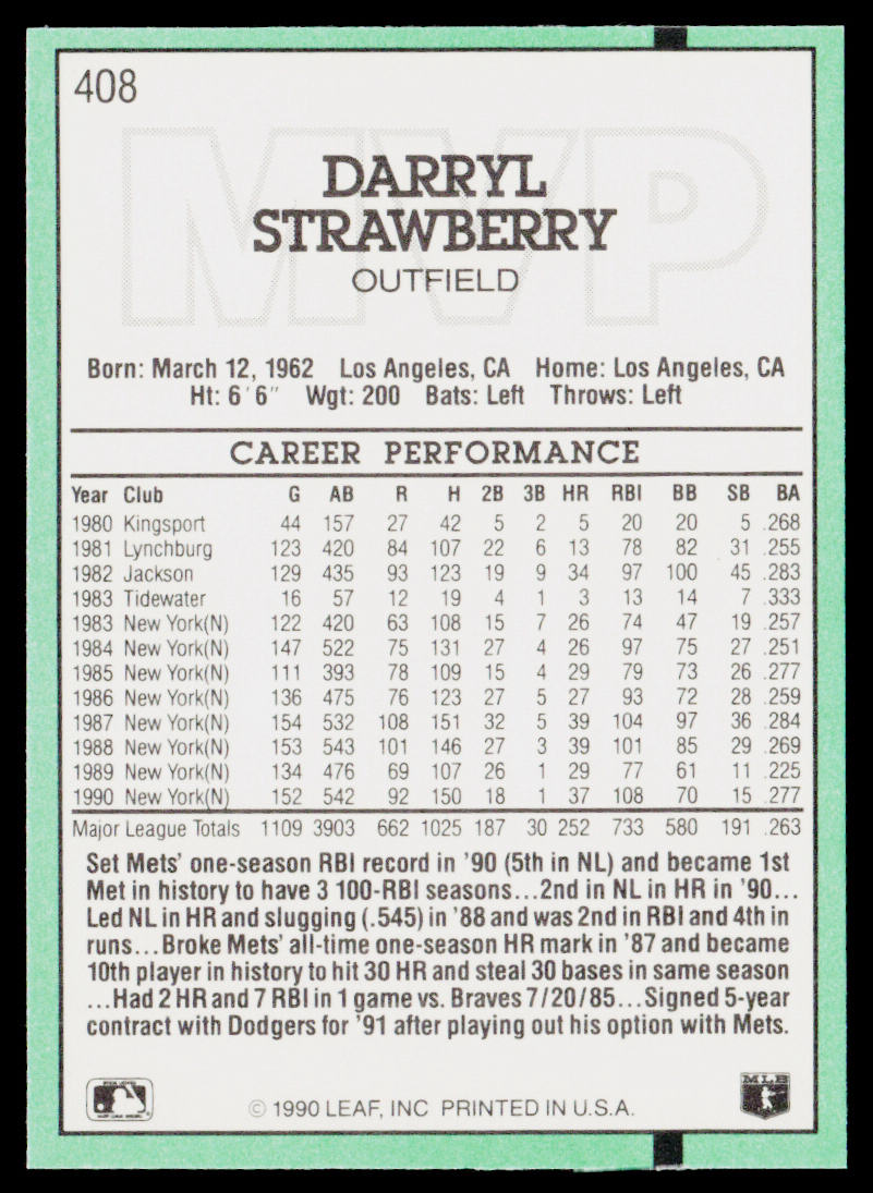 Darryl Strawberry 1991 Donruss #408 New York Mets