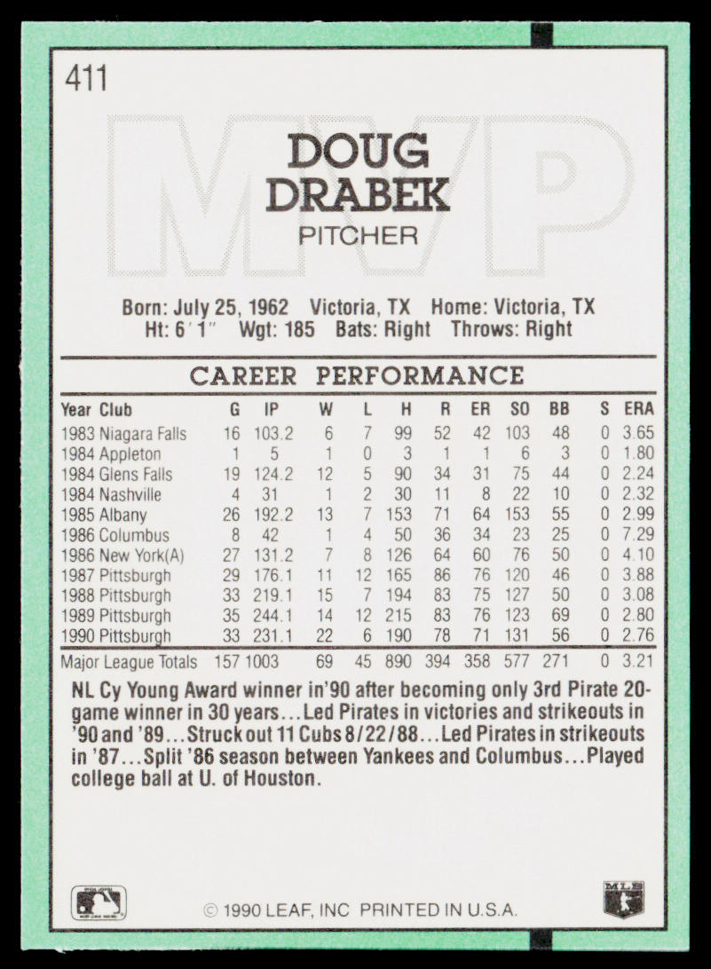Doug Drabek 1991 Donruss #411b Pittsburgh Pirates