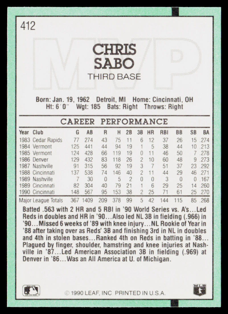 Chris Sabo 1991 Donruss #412b Cincinnati Reds