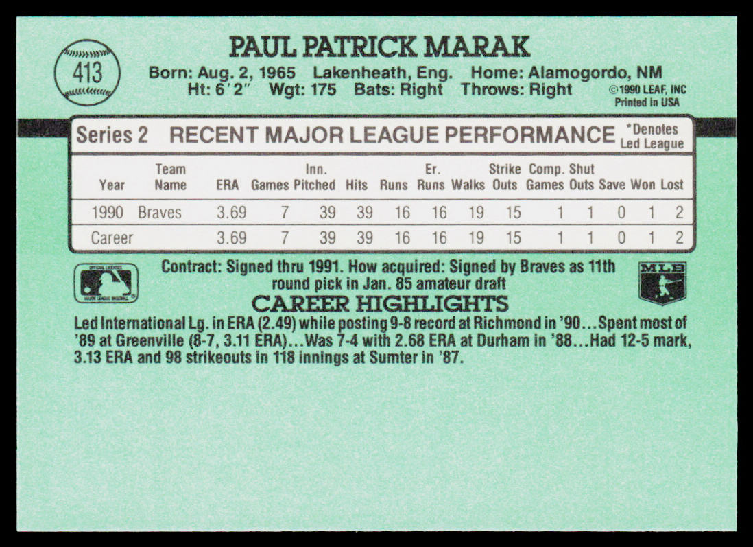 Paul Marak 1991 Donruss #413 RC Atlanta Braves