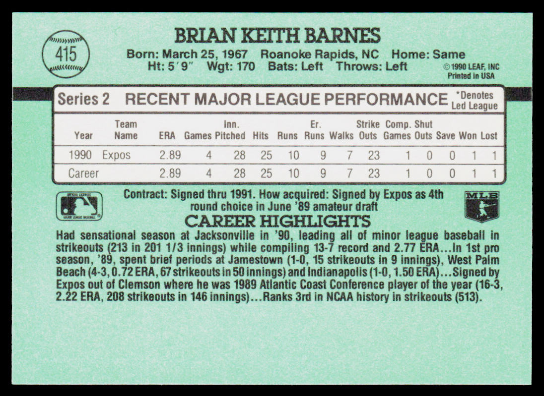 Brian Barnes 1991 Donruss #415b RC Montreal Expos