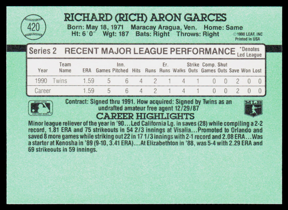 Rich Garces 1991 Donruss #420b RC Minnesota Twins