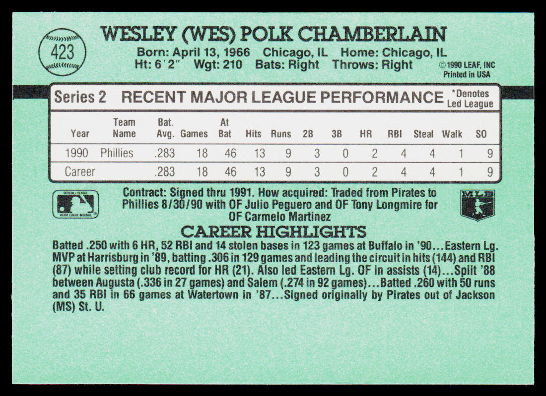 Wes Chamberlain 1991 Donruss #423 RC Philadelphia Phillies
