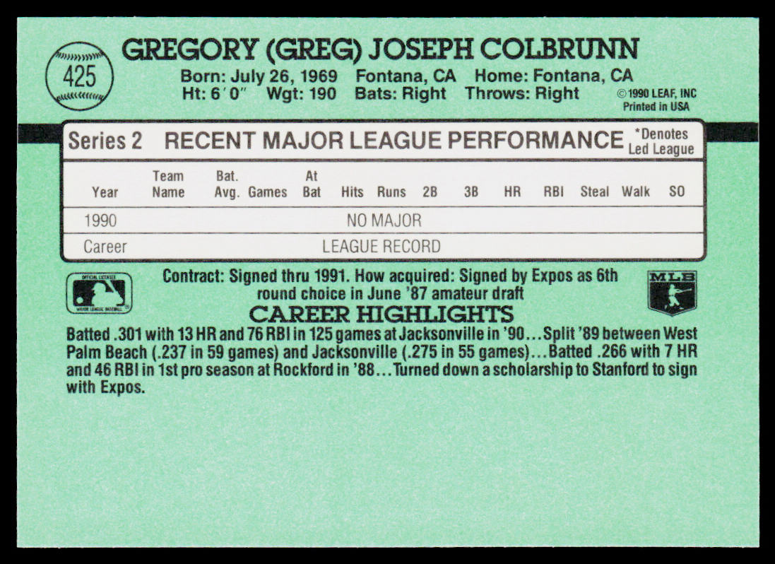 Greg Colbrunn 1991 Donruss #425 RC Montreal Expos
