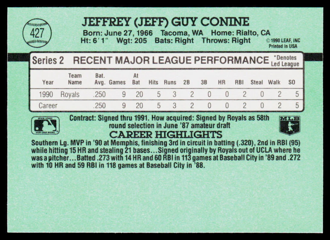 Jeff Conine 1991 Donruss #427b RC Kansas City Royals