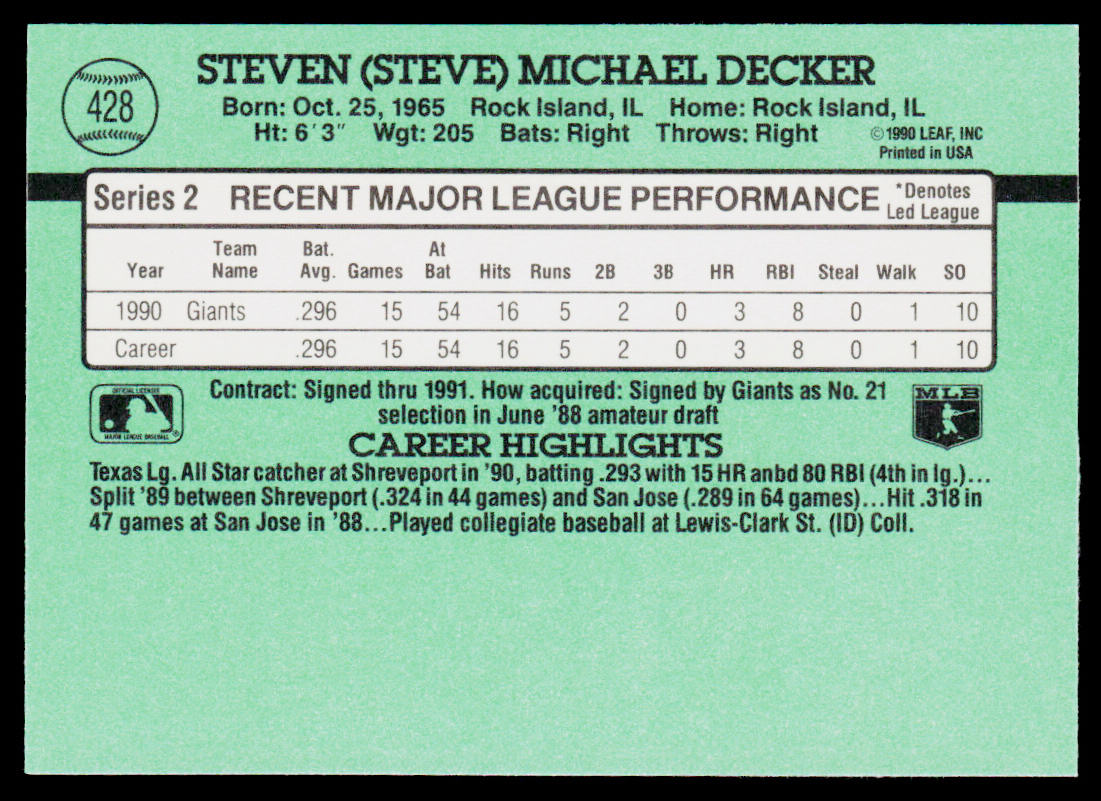 Steve Decker 1991 Donruss #428b RC San Francisco Giants