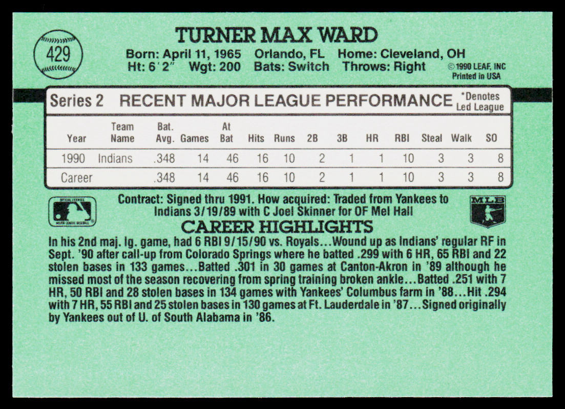 Turner Ward 1991 Donruss #429b RC Cleveland Indians