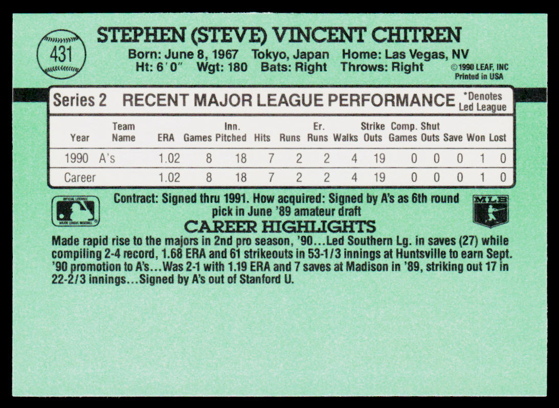 Steve Chitren 1991 Donruss #431 RC Oakland Athletics
