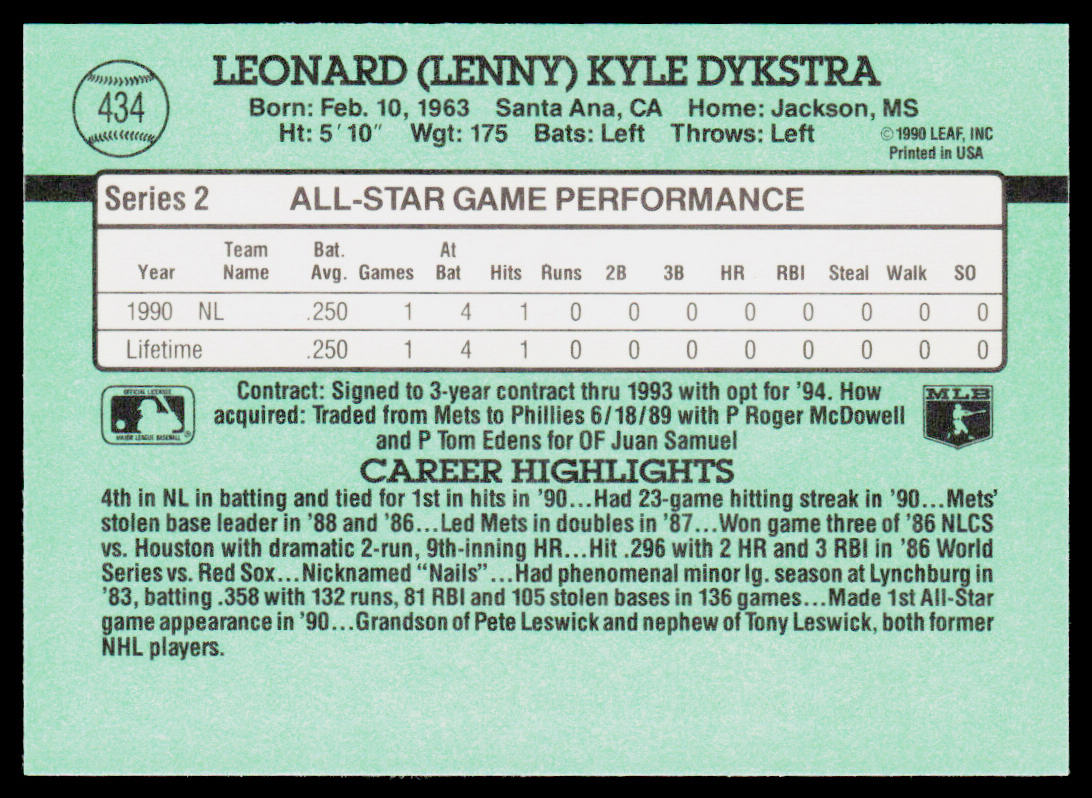 Len Dykstra 1991 Donruss #434 Philadelphia Phillies