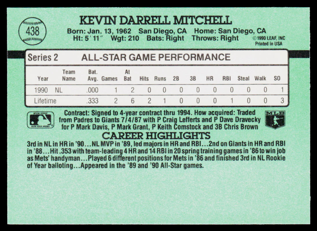 Kevin Mitchell 1991 Donruss #438 San Francisco Giants