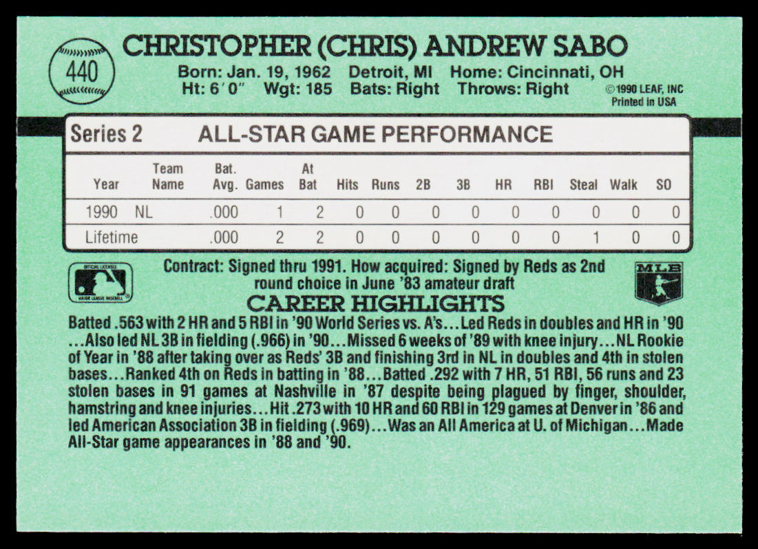 Chris Sabo 1991 Donruss #440b Cincinnati Reds