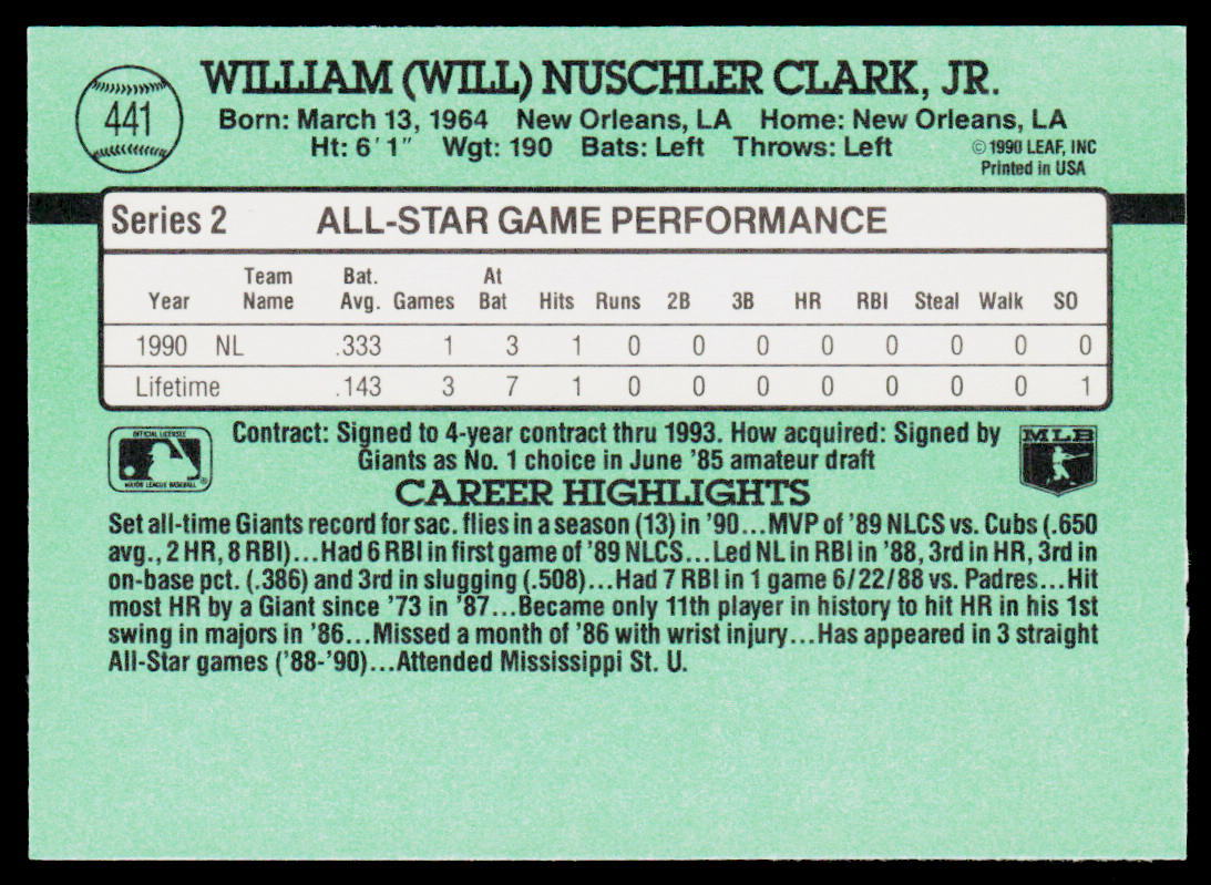 Will Clark 1991 Donruss #441b San Francisco Giants