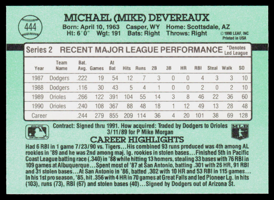 Mike Devereaux 1991 Donruss #444 Baltimore Orioles