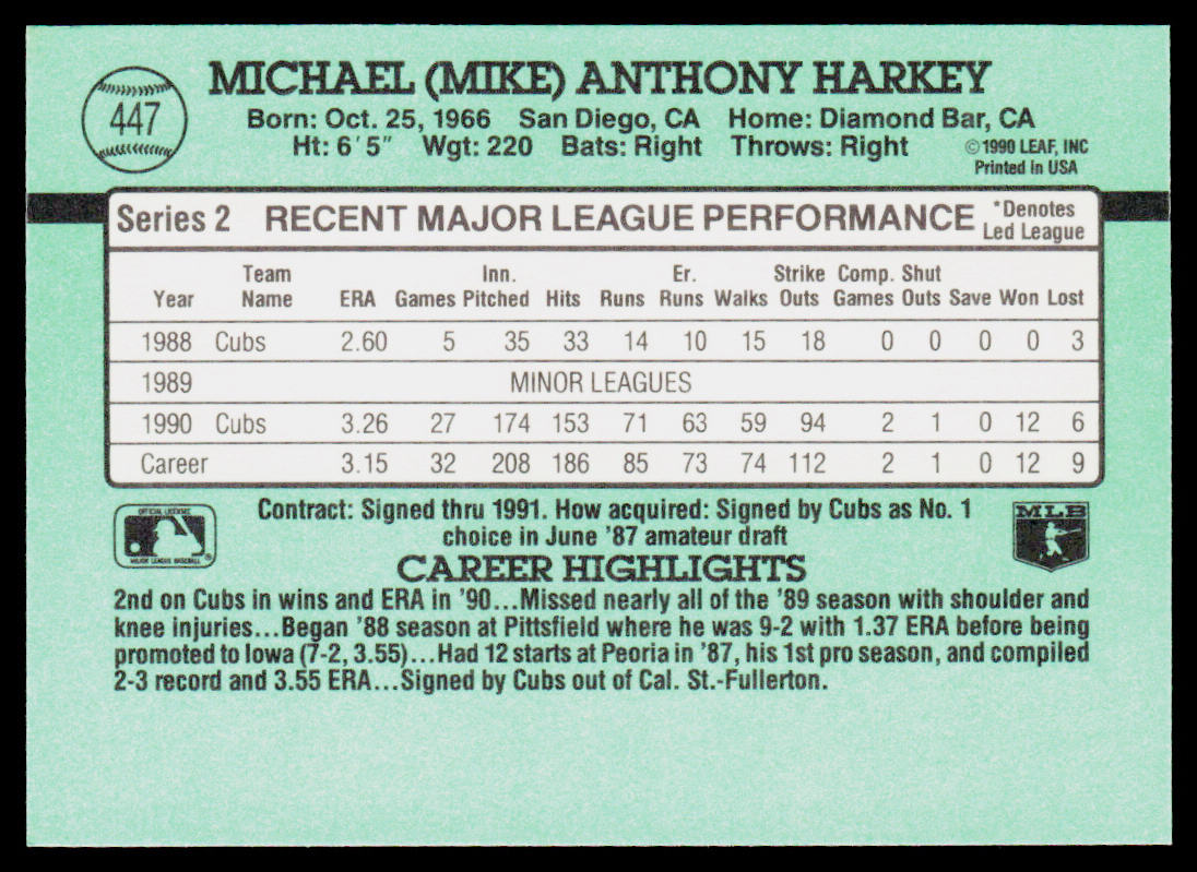 Mike Harkey 1991 Donruss #447b Chicago Cubs