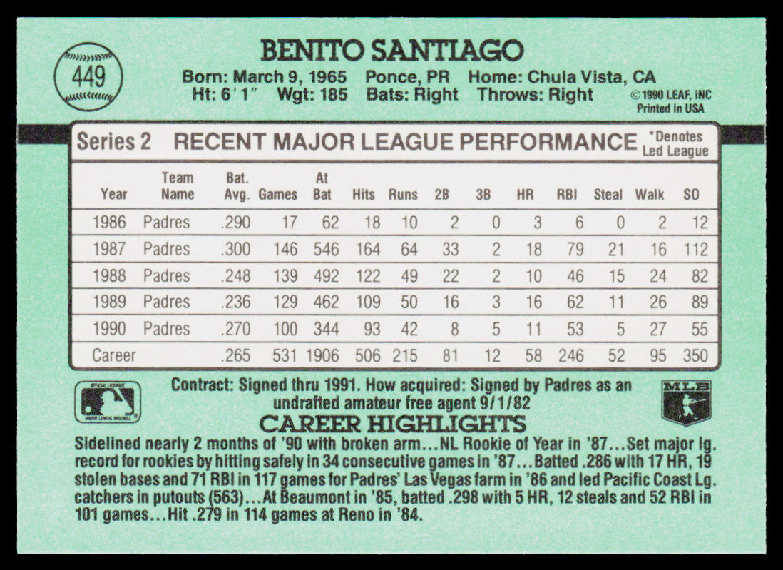 Benito Santiago 1991 Donruss #449 San Diego Padres