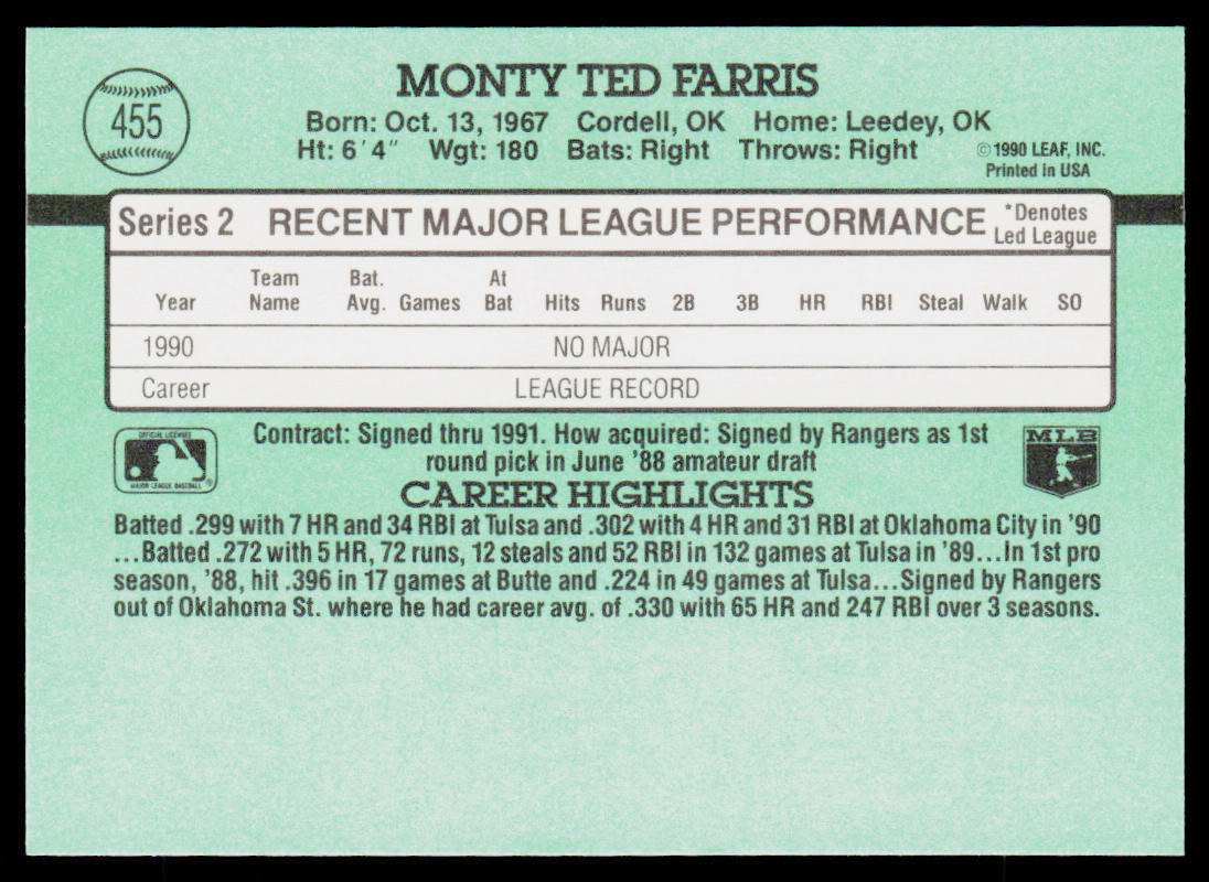 Monty Fariss 1991 Donruss #455b Texas Rangers