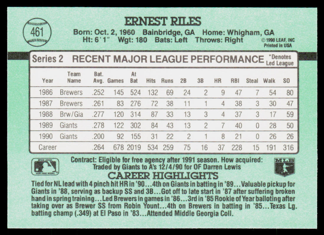 Ernest Riles 1991 Donruss #461 San Francisco Giants
