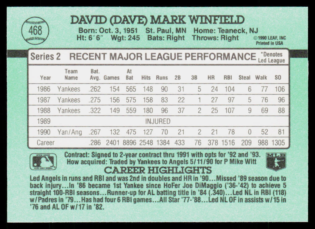Dave Winfield 1991 Donruss #468b California Angels