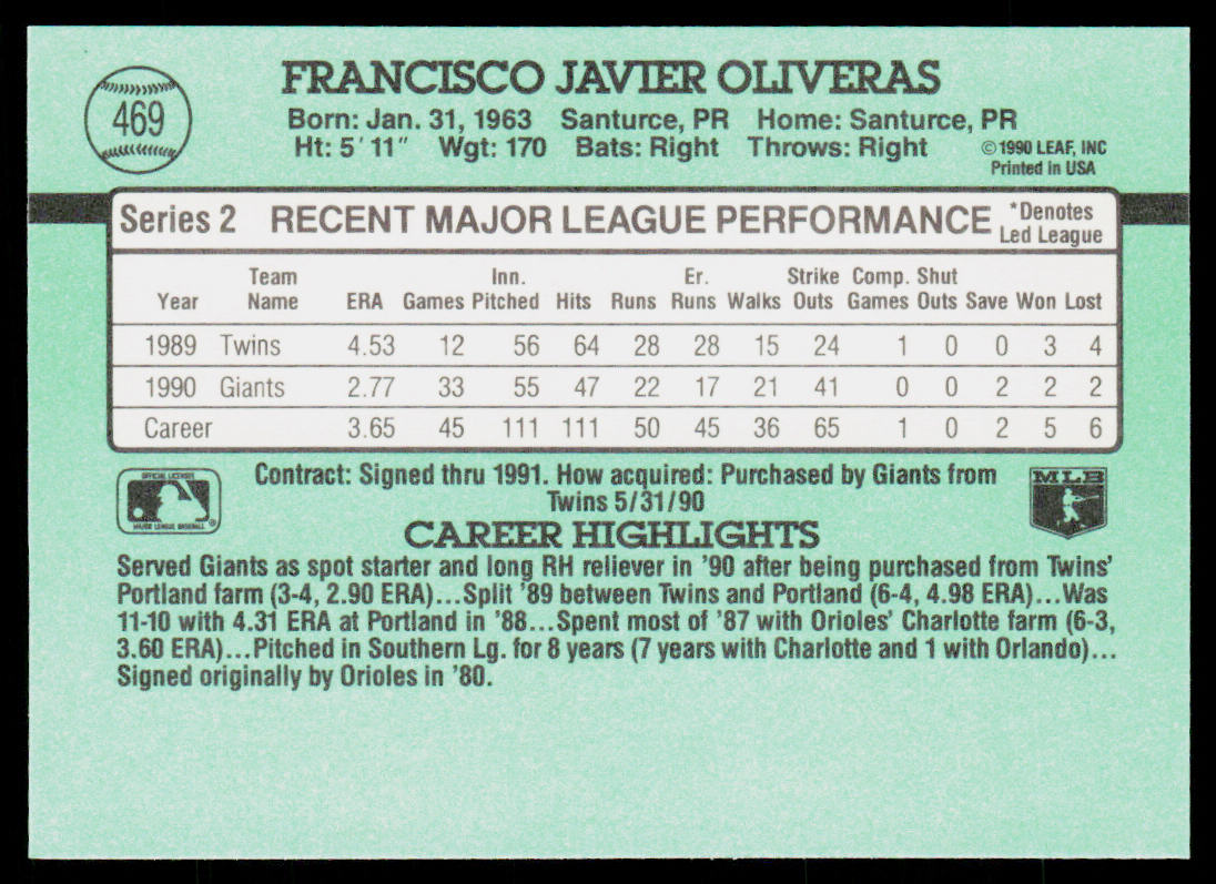 Francisco Oliveras 1991 Donruss #469 San Francisco Giants