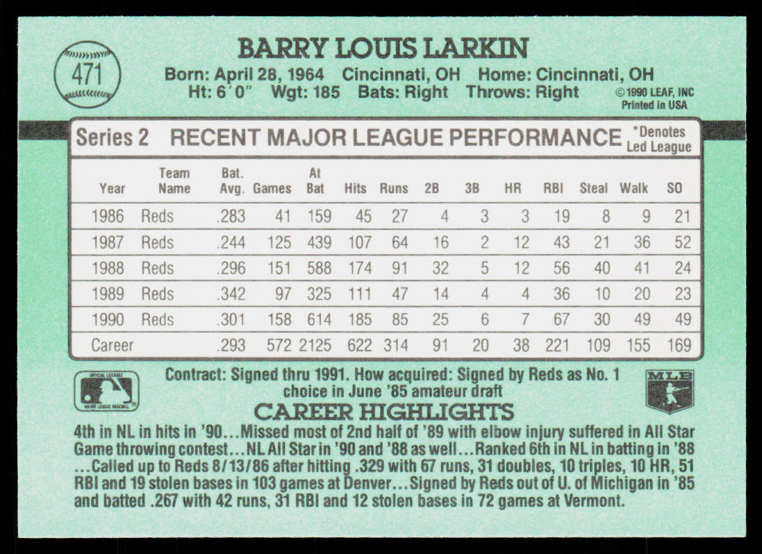 Barry Larkin 1991 Donruss #471 Cincinnati Reds