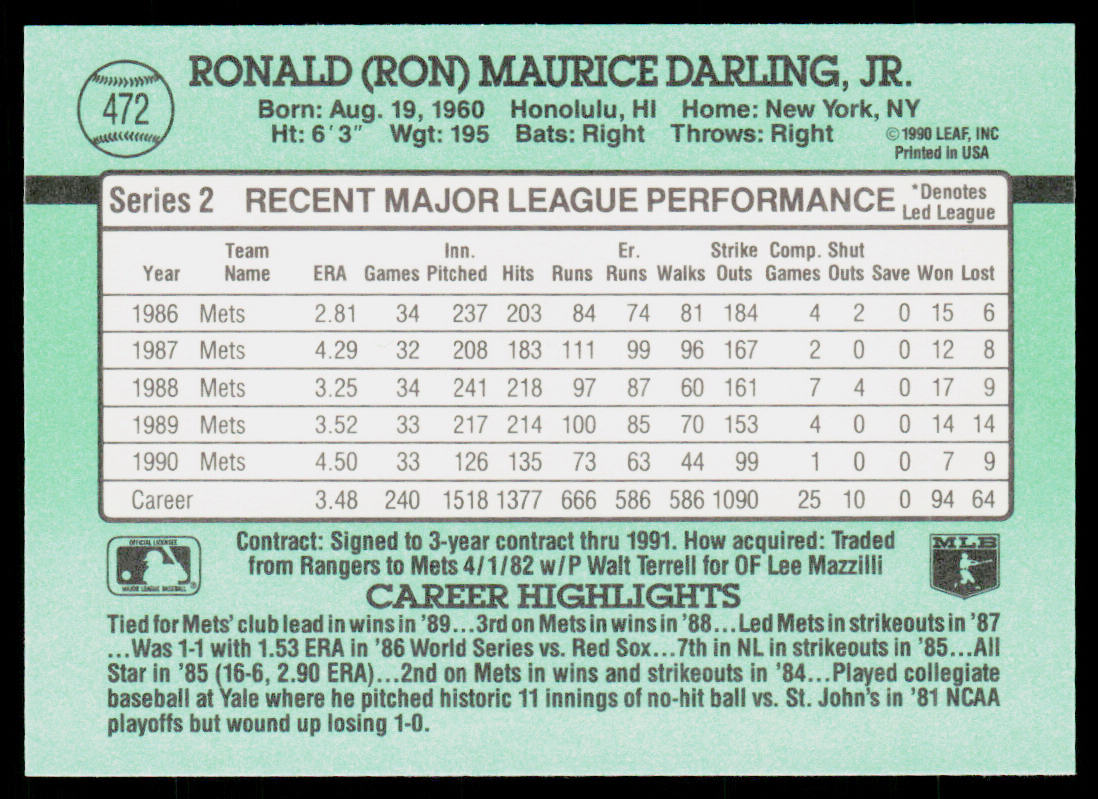 Ron Darling 1991 Donruss #472 New York Mets