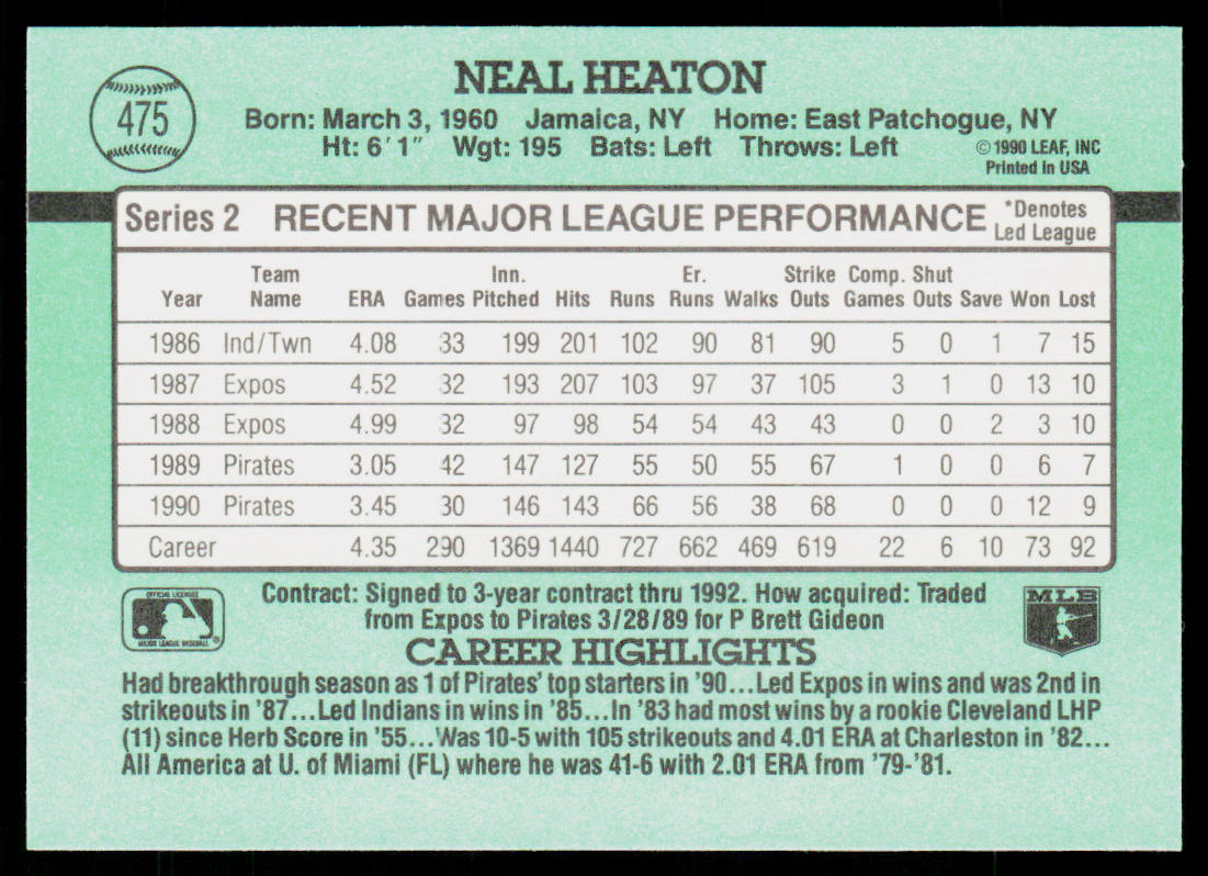 Neal Heaton 1991 Donruss #475b Pittsburgh Pirates