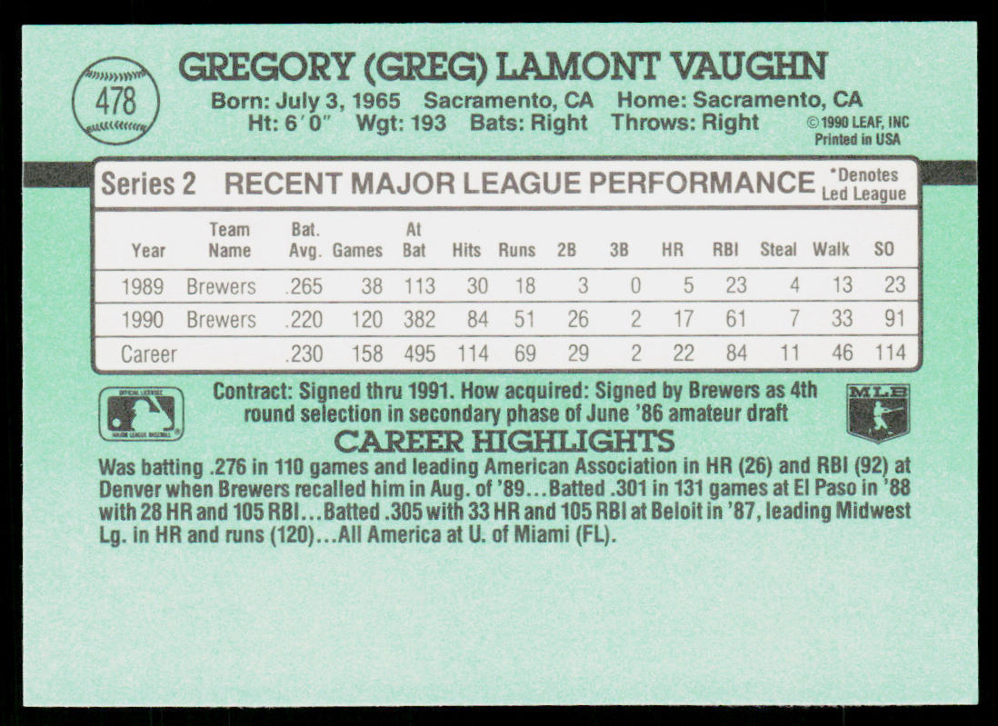 Greg Vaughn 1991 Donruss #478 Milwaukee Brewers