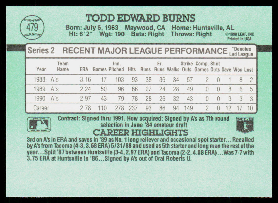 Todd Burns 1991 Donruss #479 Oakland Athletics