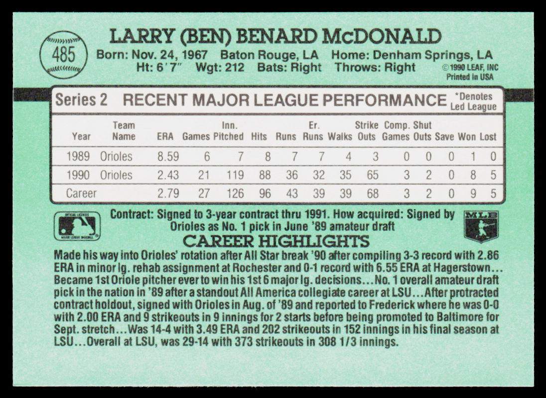 Ben McDonald 1991 Donruss #485b Baltimore Orioles