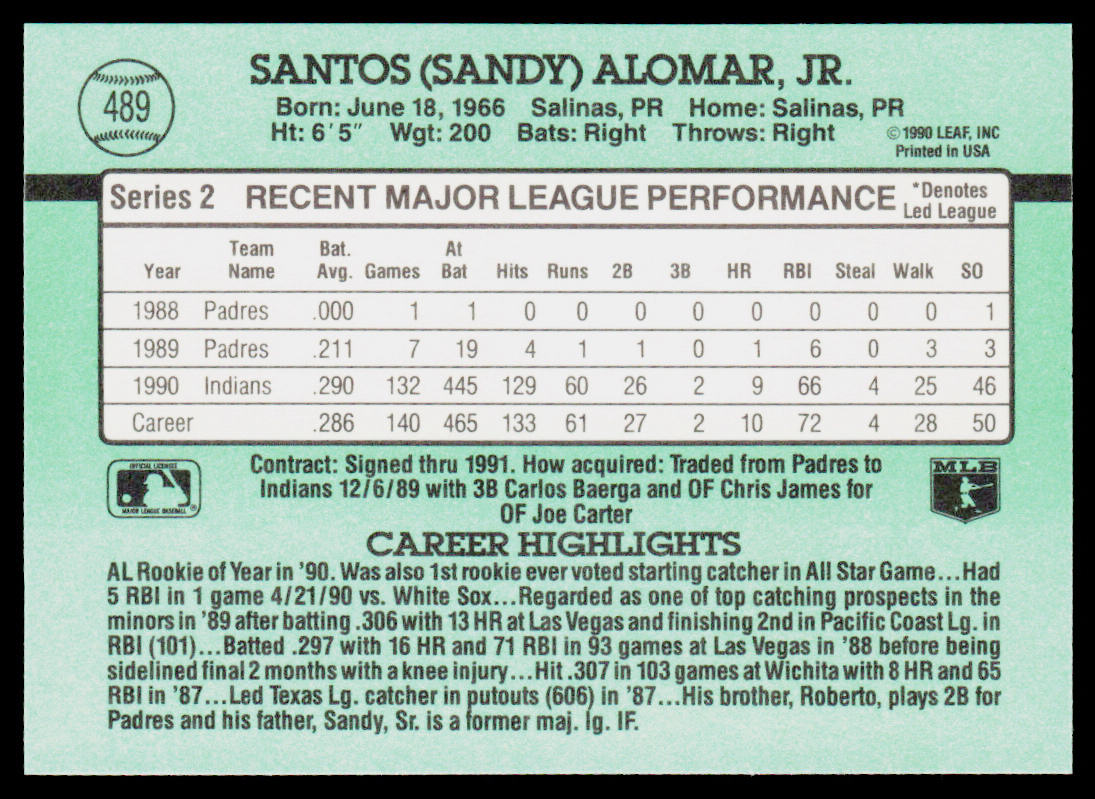 Sandy Alomar 1991 Donruss #489c Cleveland Indians