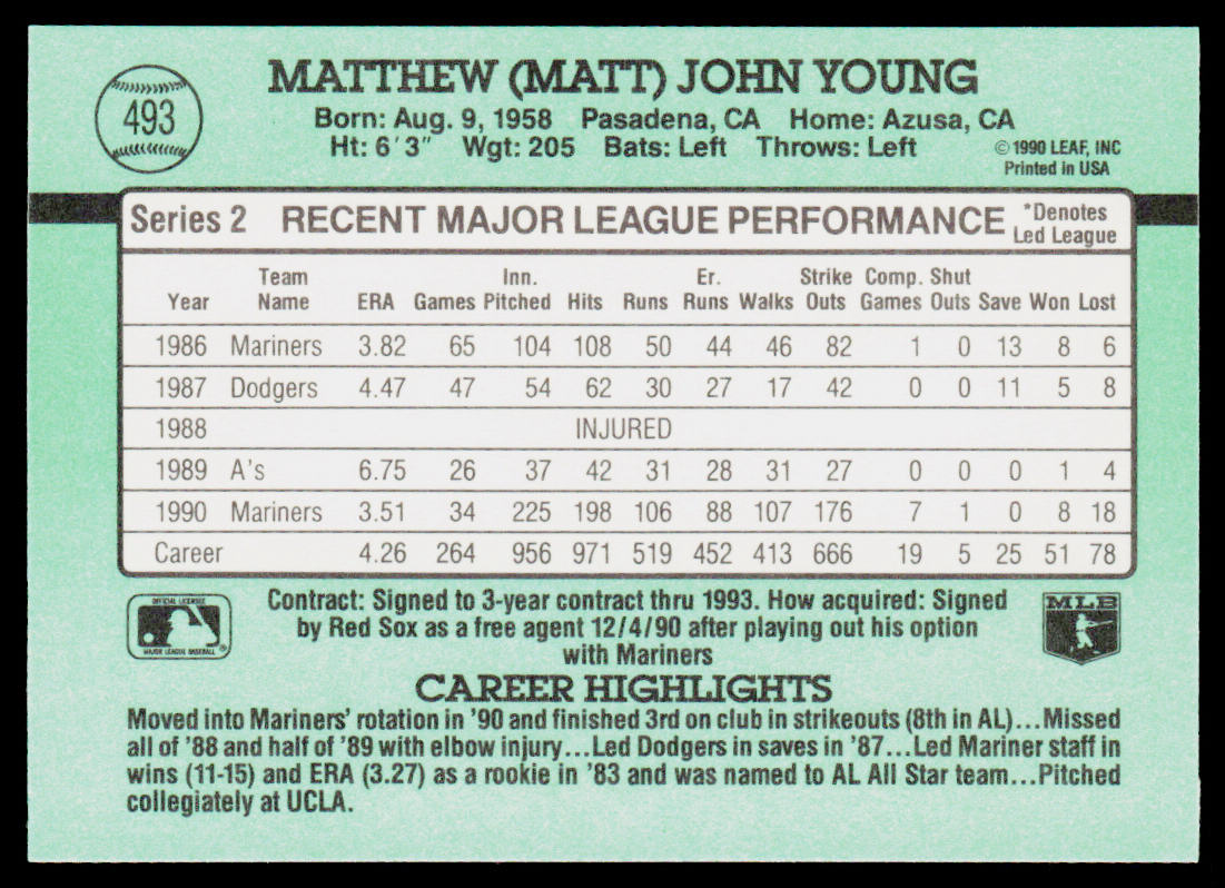 Matt Young 1991 Donruss #493c Seattle Mariners