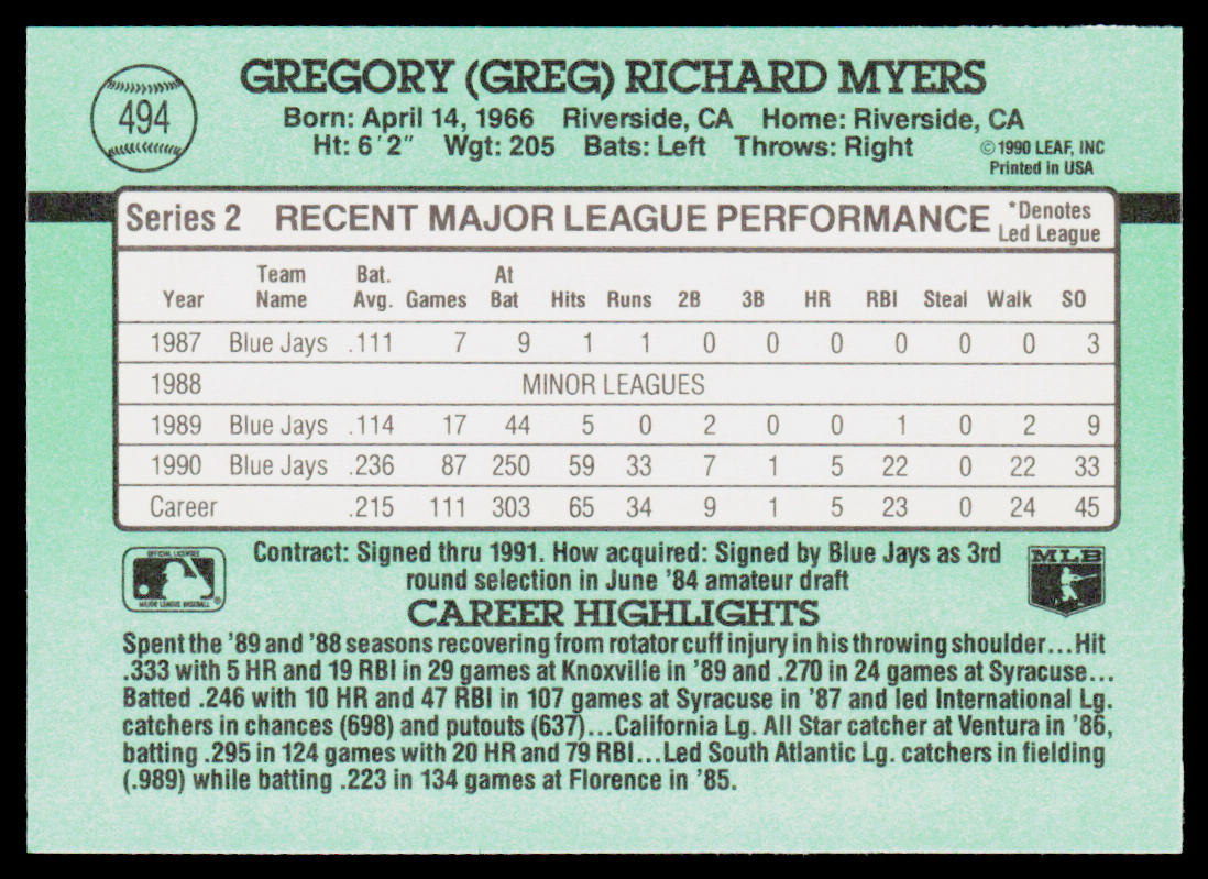 Greg Myers 1991 Donruss #494 Toronto Blue Jays
