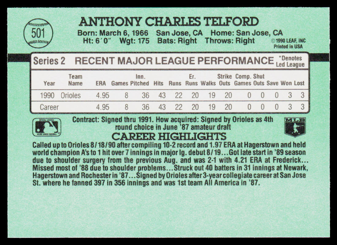 Anthony Telford 1991 Donruss #501 RC Baltimore Orioles
